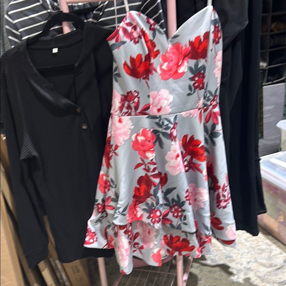 B Darlin Gray Dress with Red and Pink Floral Accents